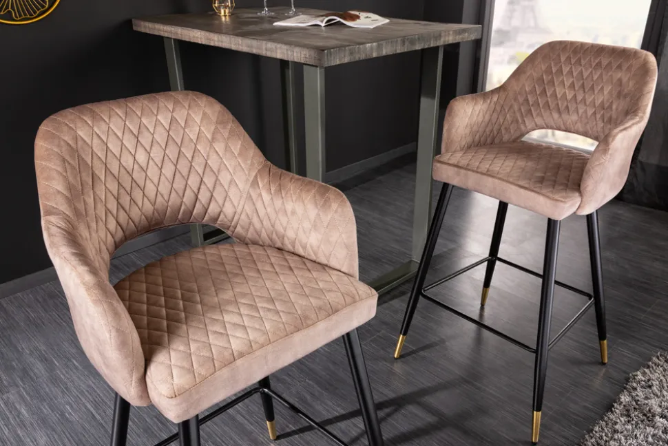 Design Barhocker PARIS greige Samt mit Lehne Metall schwarz gold Ziersteppung