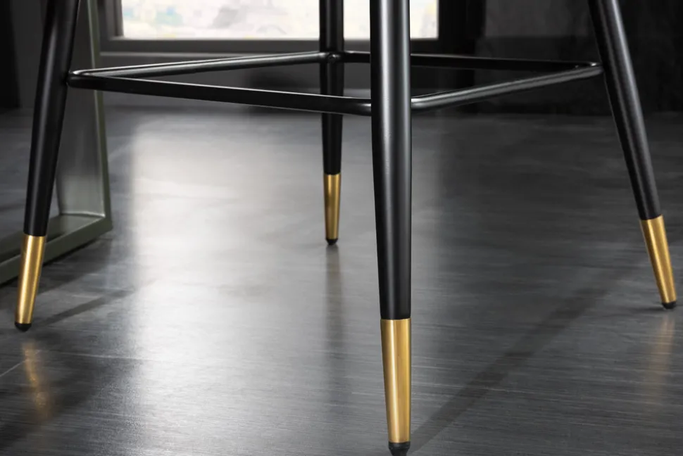 Design Barhocker PARIS greige Samt mit Lehne Metall schwarz gold Ziersteppung