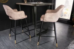 Design Barhocker PARIS greige Samt mit Lehne Metall schwarz gold Ziersteppung