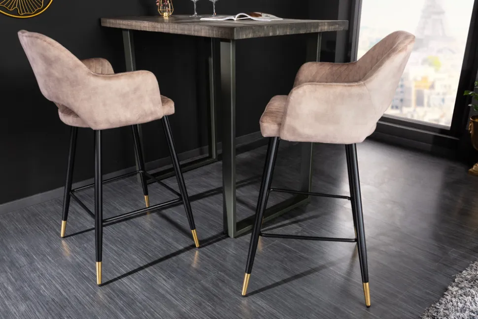 Design Barhocker PARIS greige Samt mit Lehne Metall schwarz gold Ziersteppung