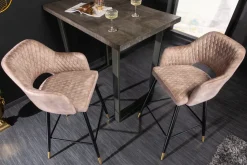 Design Barhocker PARIS greige Samt mit Lehne Metall schwarz gold Ziersteppung