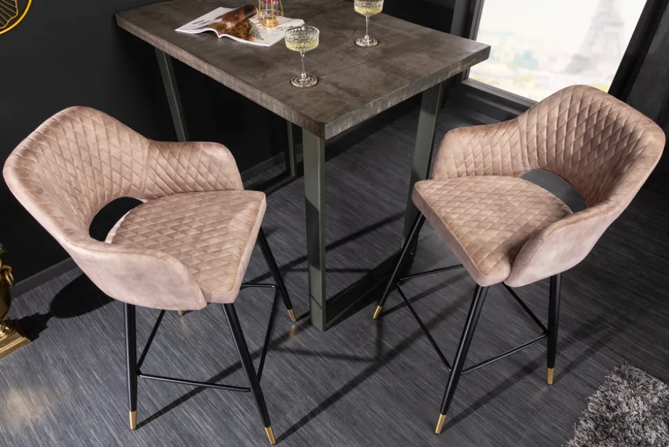 Design Barhocker PARIS greige Samt mit Lehne Metall schwarz gold Ziersteppung