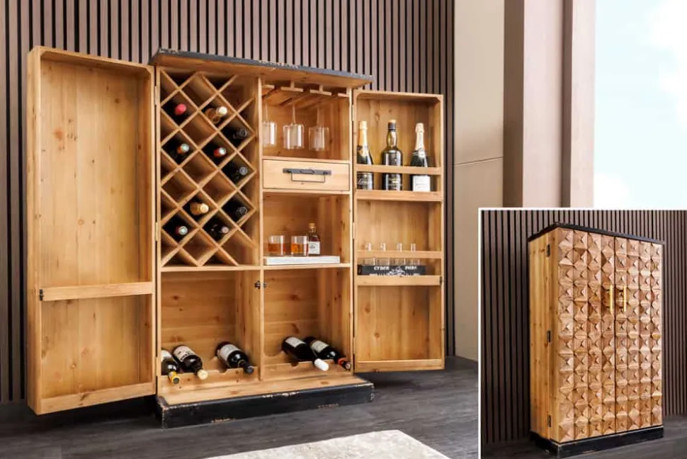 Design Barschrank BODEGA 120cm natur Pinienholz mit 3D-Front und Flaschenregal