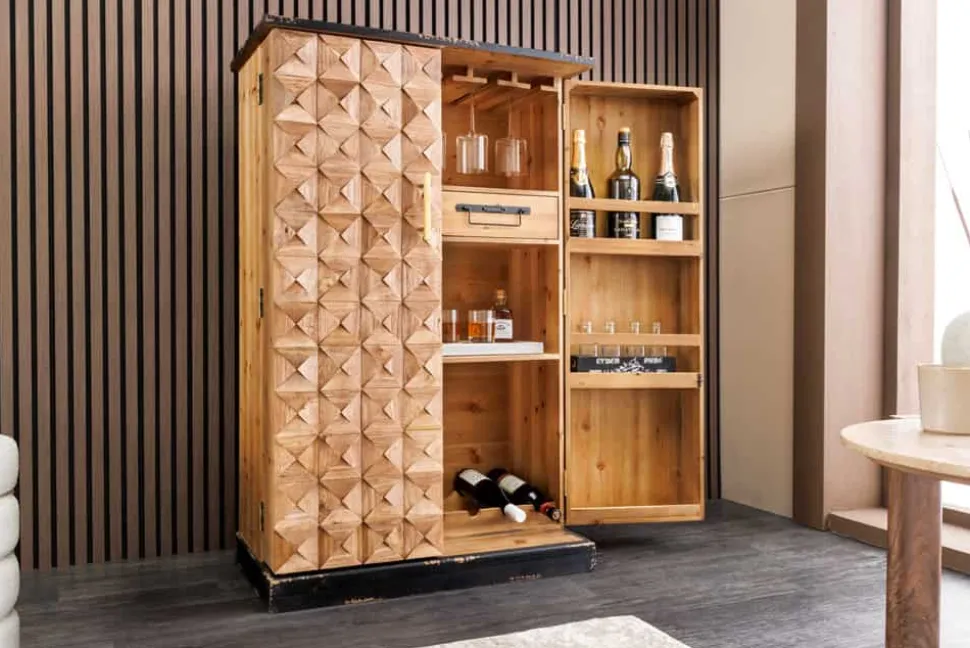 Design Barschrank BODEGA 120cm natur Pinienholz mit 3D-Front und Flaschenregal