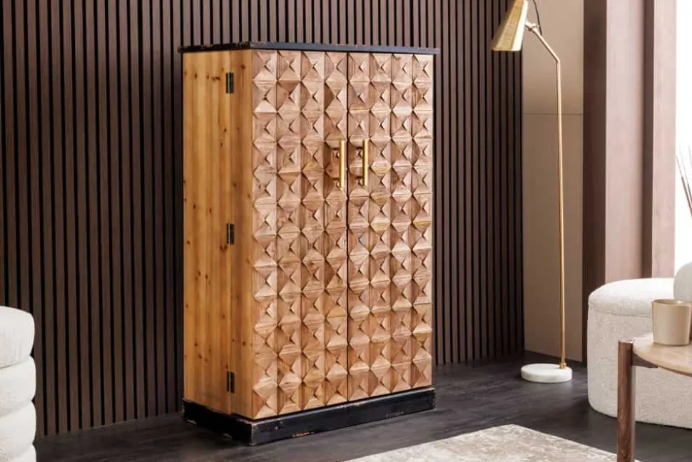 Design Barschrank BODEGA 120cm natur Pinienholz mit 3D-Front und Flaschenregal