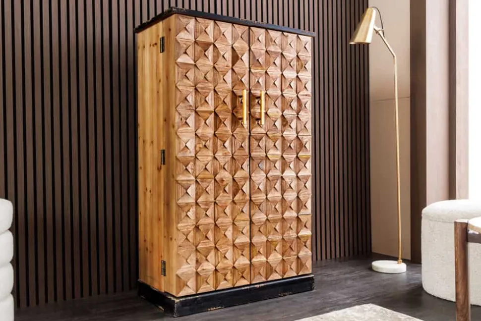 Design Barschrank BODEGA 120cm natur Pinienholz mit 3D-Front und Flaschenregal
