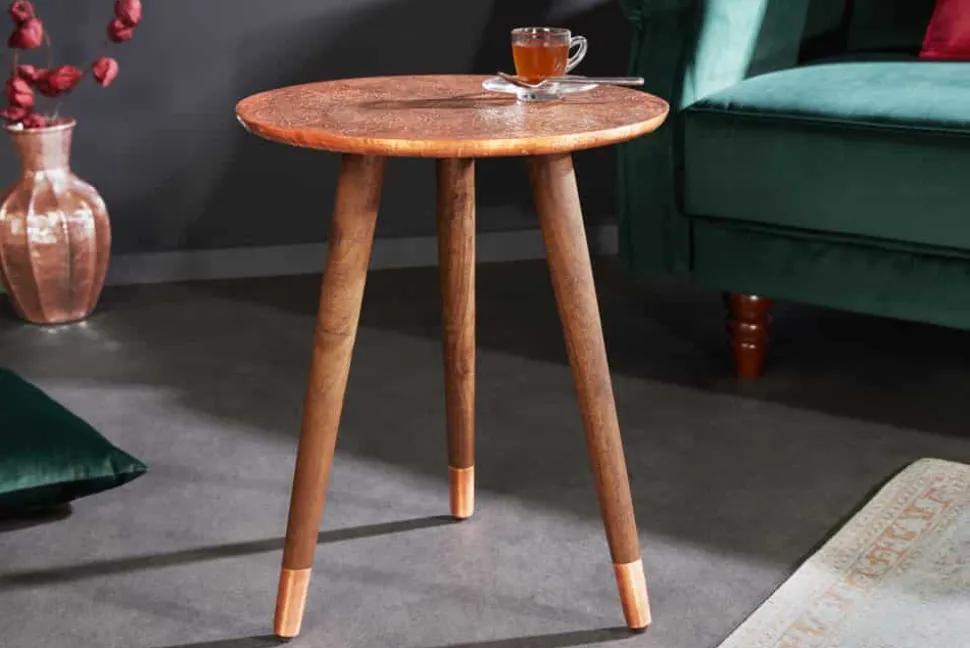Design Beistelltisch ALCAZAR 50cm antik kupfer Metall Mangoholz Handarbeit rund