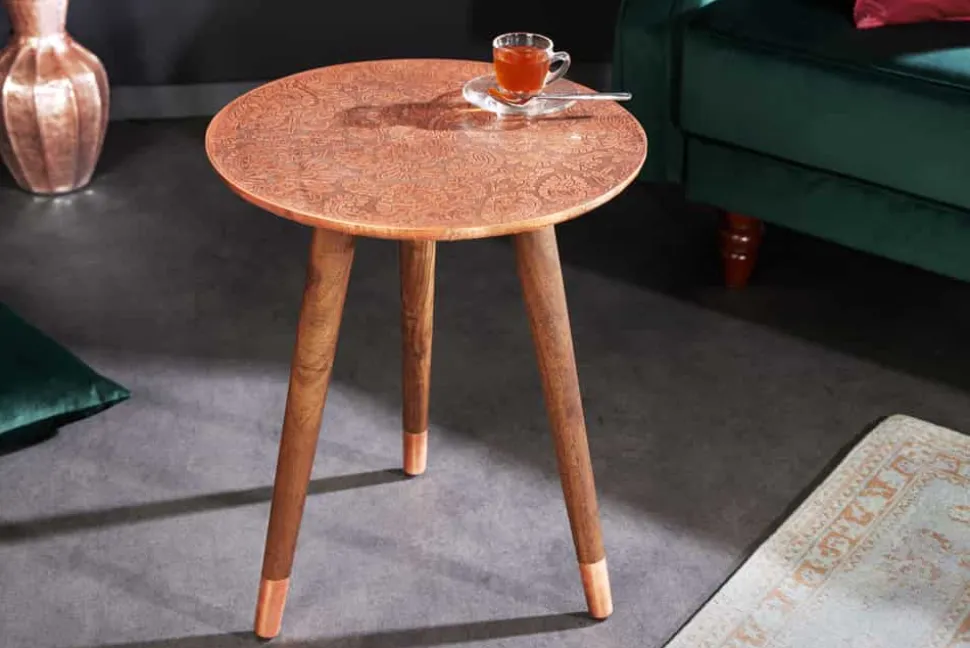 Design Beistelltisch ALCAZAR 50cm antik kupfer Metall Mangoholz Handarbeit rund