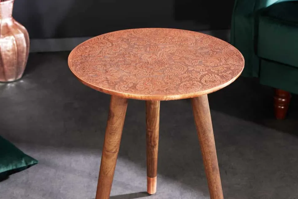 Design Beistelltisch ALCAZAR 50cm antik kupfer Metall Mangoholz Handarbeit rund