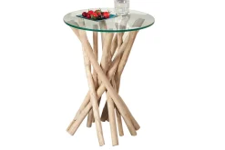 Design Beistelltisch DRIFTWOOD 40cm Teakholz mit Glasplatte rund Couchtisch