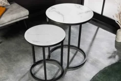Design Beistelltisch ELEGANCE 2er Set weiß rund Kristallglas mit Marmor-Dekor schwarzes Gestell
