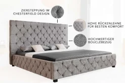 Design Boxbett PARIS 180x200 cm grau Bouclé Chesterfield