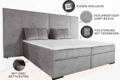 Design Boxspringbett SUITE HOTELBETT 180x200cm silber grau Samt inkl. Stauraum Topper