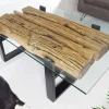 Design Couchtisch BARRACUDA 130cm recyceltes Teakholz Glasplatte schwarz Edelstahl Industrial