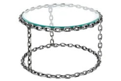Design Couchtisch CHAINS 65cm silber handmade Metall rund Glasplatte Kettengestell