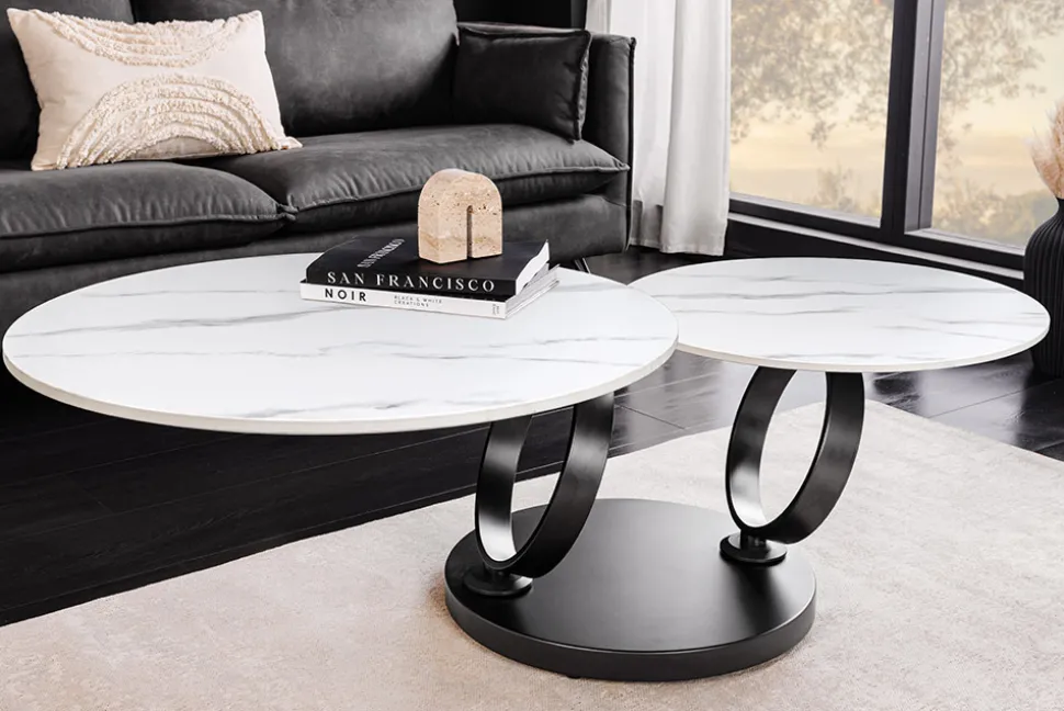 Design Couchtisch DANCING RINGS weiß rund drehbar Marmor Keramik schwarz Metall