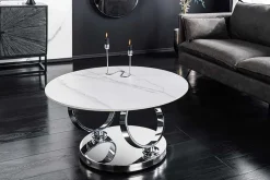 Design Couchtisch DANCING RINGS weiß rund drehbar Marmor Keramik Chrome Gestell