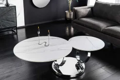 Design Couchtisch DANCING RINGS weiß rund drehbar Marmor Keramik Chrome Gestell