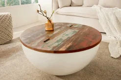 Design Couchtisch JAKARTA 70cm weiß Massivholz rund aus recycelten Fischerbooten mit Stauraum
