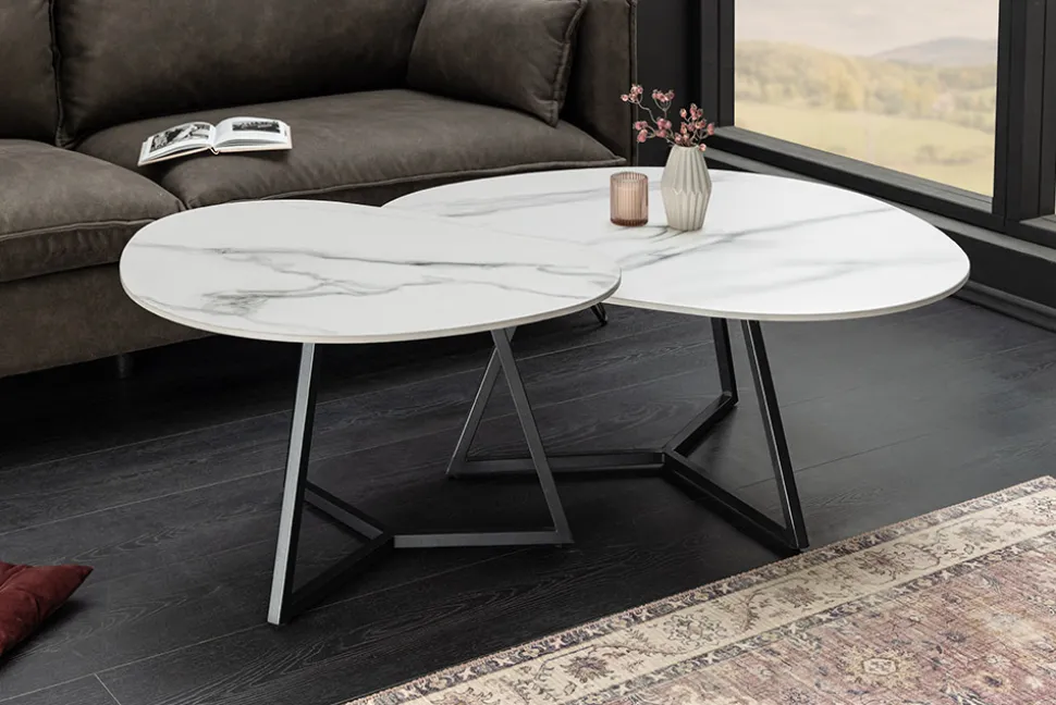 Design Couchtisch MARVELOUS 70cm weiß Marmor Keramik schwarzes Metall