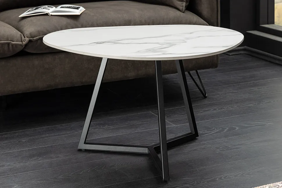 Design Couchtisch MARVELOUS 70cm weiß Marmor Keramik schwarzes Metall