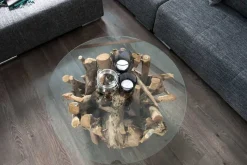 Design Couchtisch NATURE LOUNGE 60cm Teakholz mit runder Glasplatte Beistelltisch