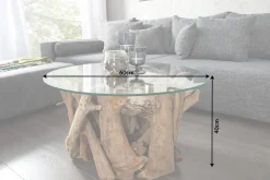 Design Couchtisch NATURE LOUNGE 60cm Teakholz mit runder Glasplatte Beistelltisch
