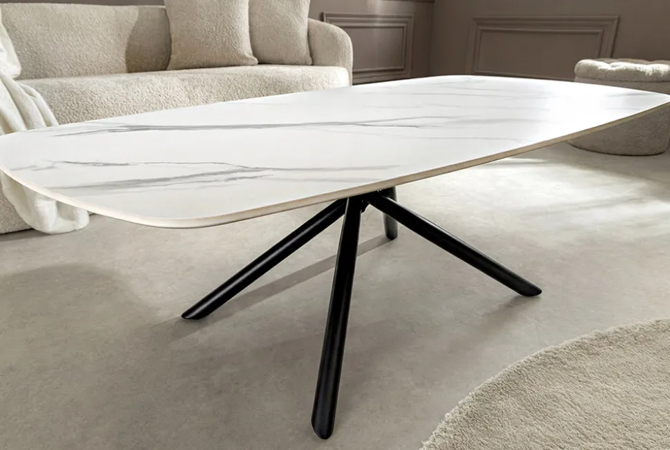 Design Couchtisch OSAKA 110cm weiß Keramik schwarz Sterngestell Metall