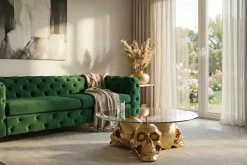 Design Couchtisch SKULL XXL 90cm gold rund Glasplatte Metall Totenkopf handmade
