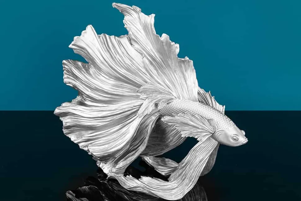 Design Deko Figur Kampffisch CROWNTAIL 35cm silber Betta Fisch Skulptur
