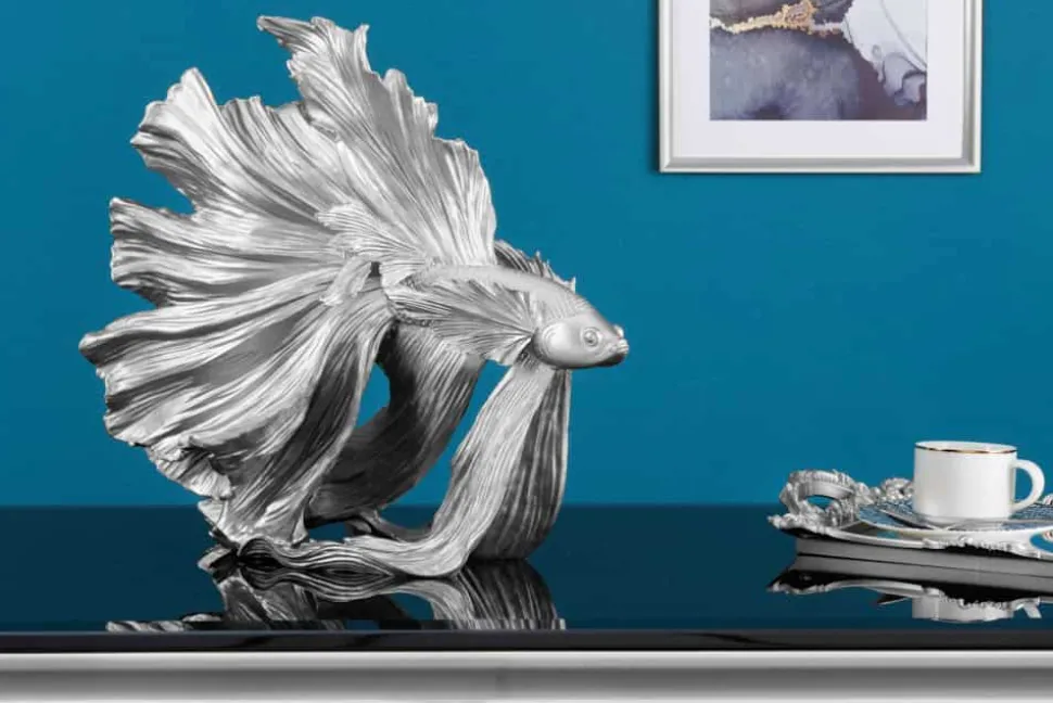 Design Deko Figur Kampffisch CROWNTAIL 35cm silber Betta Fisch Skulptur