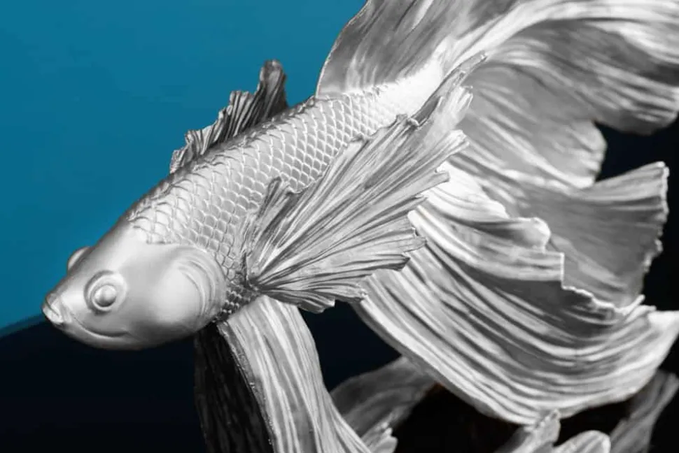 Design Deko Figur Kampffisch CROWNTAIL 35cm silber Betta Fisch Skulptur