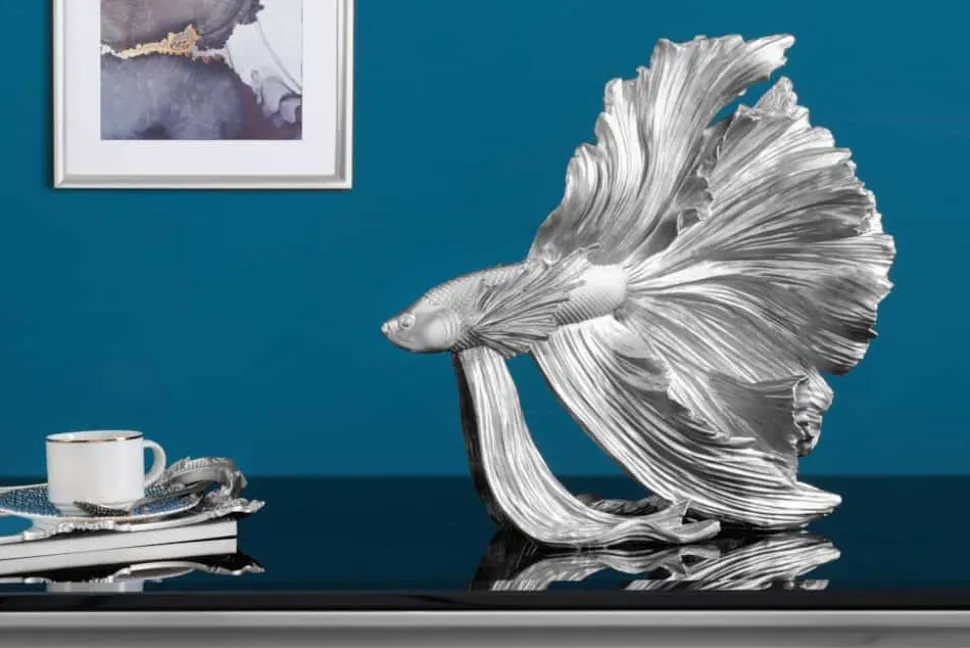 Design Deko Figur Kampffisch CROWNTAIL 35cm silber Betta Fisch Skulptur