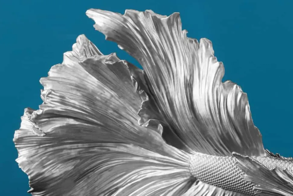 Design Deko Figur Kampffisch CROWNTAIL 35cm silber Betta Fisch Skulptur