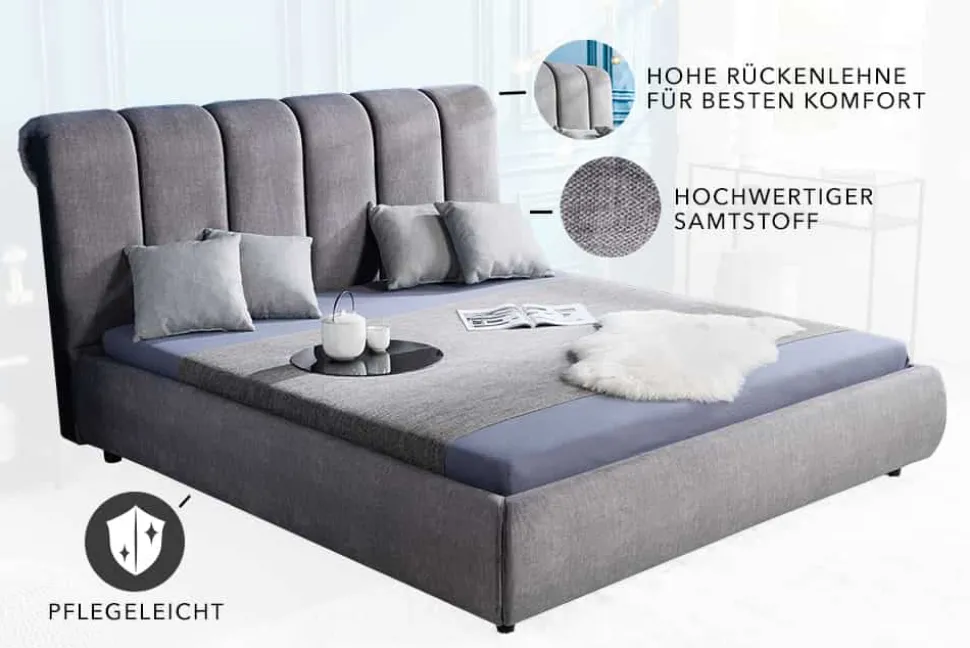 Design Doppelbett MILANO 180x200cm grau Vogue Velours Samt Kingsize Polsterbett