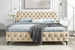 Design Doppelbett MODERN BAROCK 180x200cm champagner strukturierter Samt Chesterfield