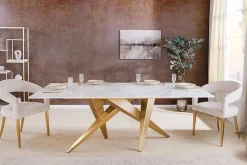 Design Esstisch ART LIVING 200cm weiß Marmor Keramik Metall brushed champagner gold