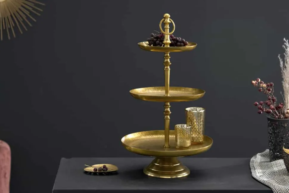 Design Etagere ORIENT 50cm gold im Wild Hammerschlag mit drei Etagen