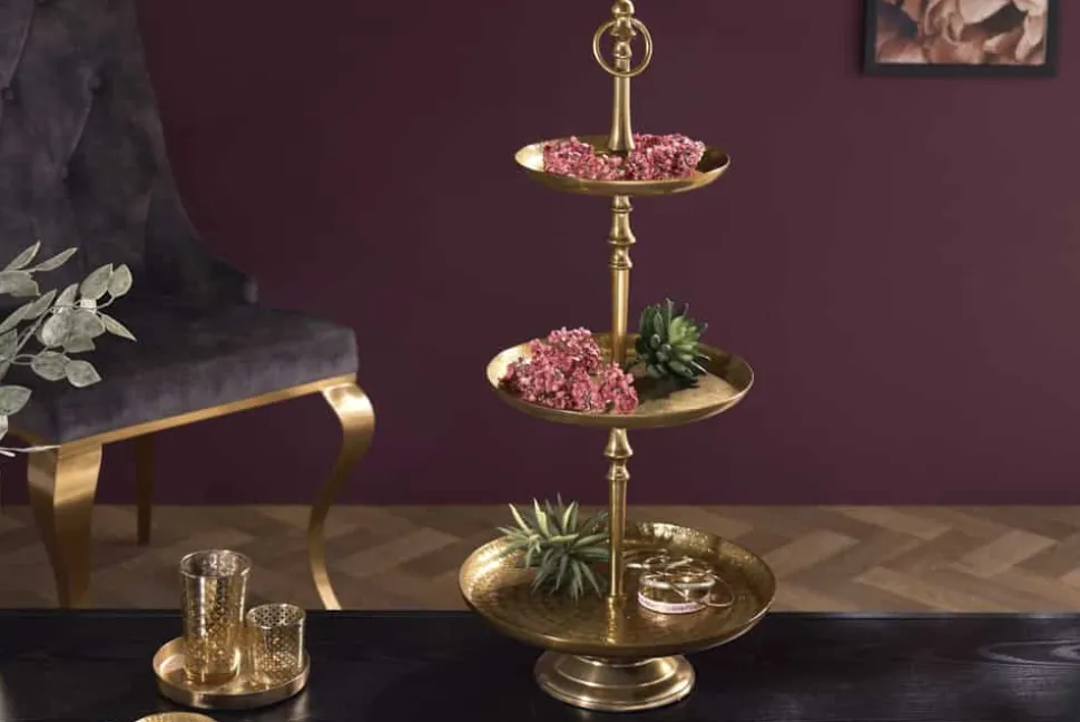 Design Etagere ORIENT 65cm gold im Wild Hammerschlag mit drei Etagen