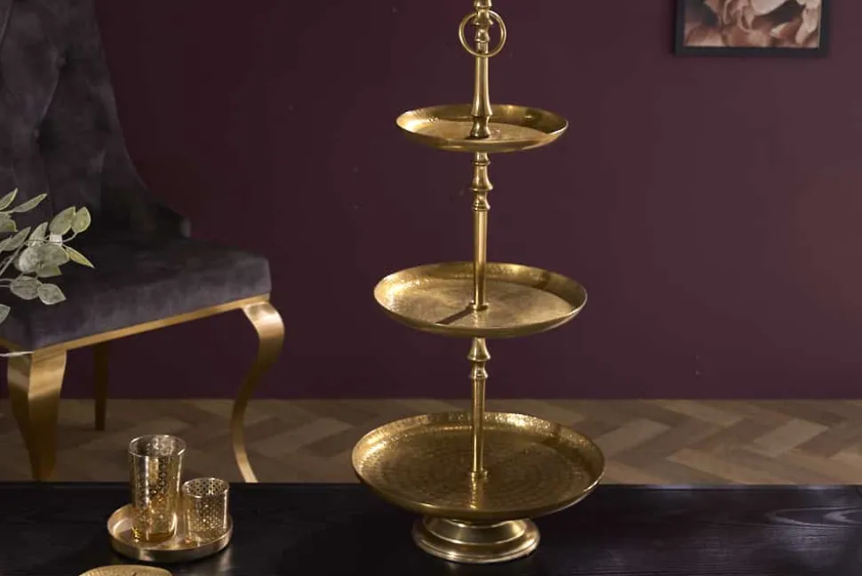 Design Etagere ORIENT 65cm gold im Wild Hammerschlag mit drei Etagen