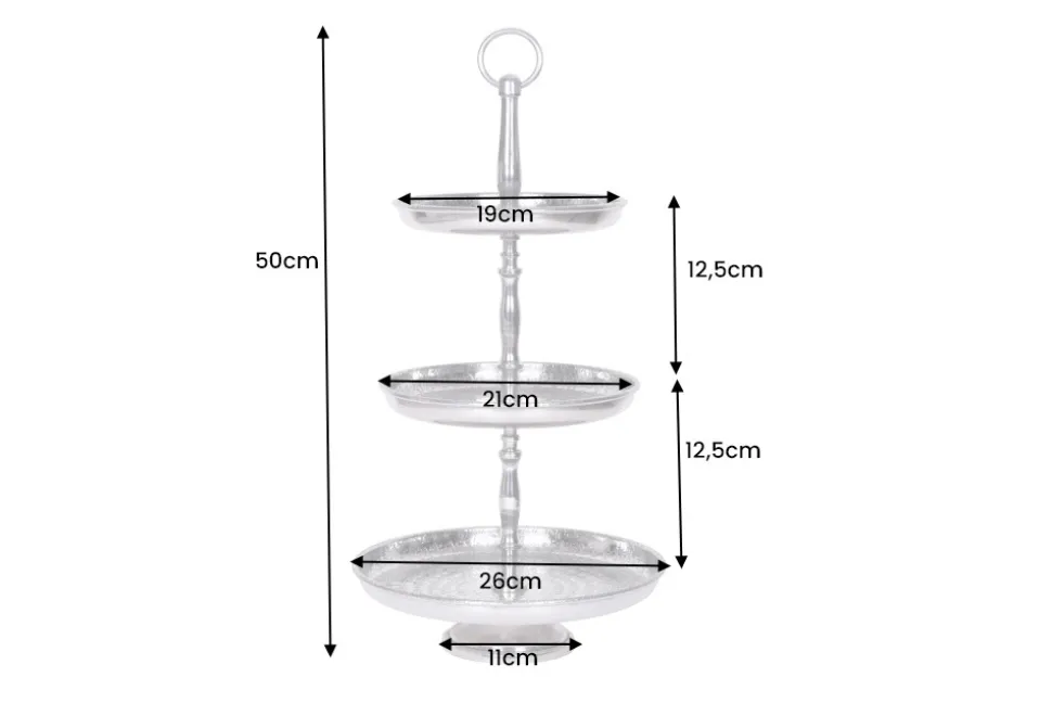 Design Etagere ORIENT 50cm silber im Wild Hammerschlag mit drei Etagen