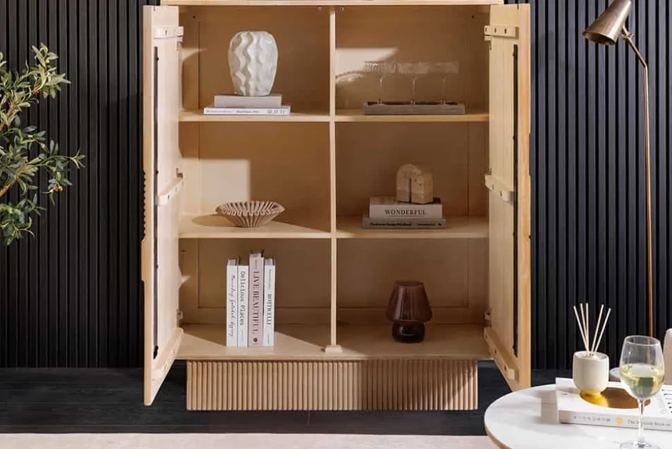 Design Highboard ART DECO 120cm weiß gekälkt Mangoholz massiv 3D Front