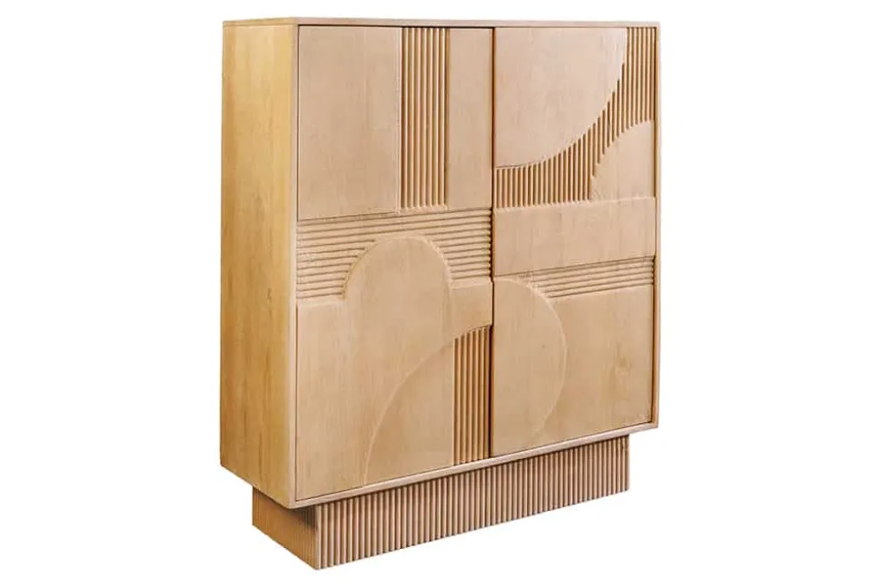 Design Highboard ART DECO 120cm weiß gekälkt Mangoholz massiv 3D Front