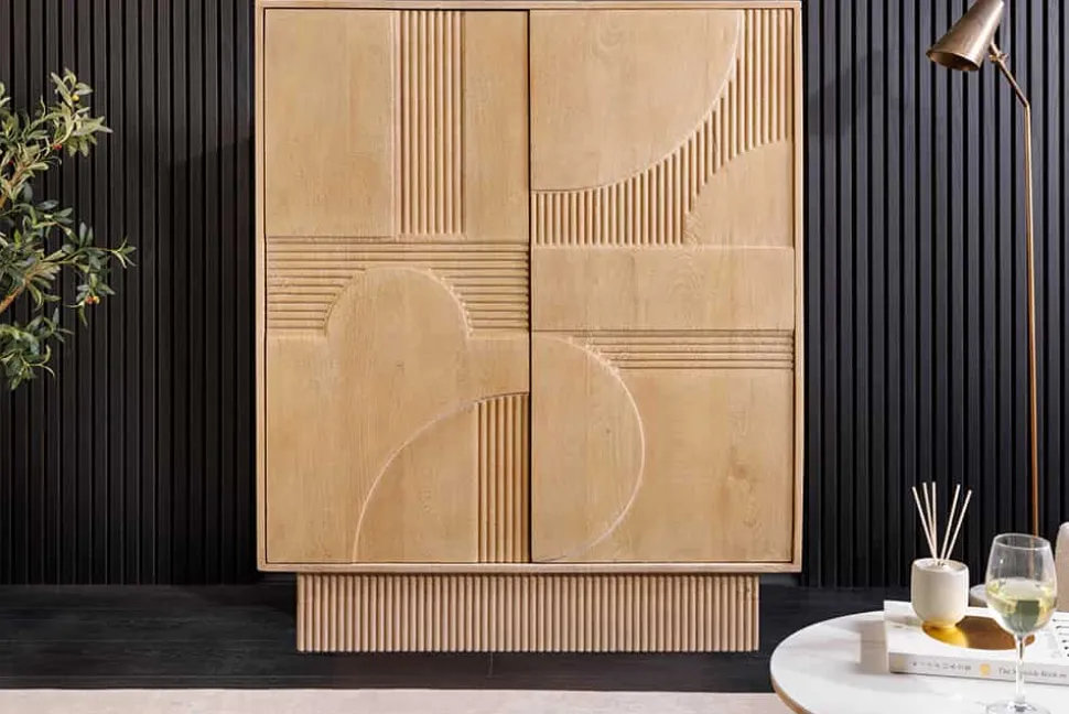 Design Highboard ART DECO 120cm weiß gekälkt Mangoholz massiv 3D Front