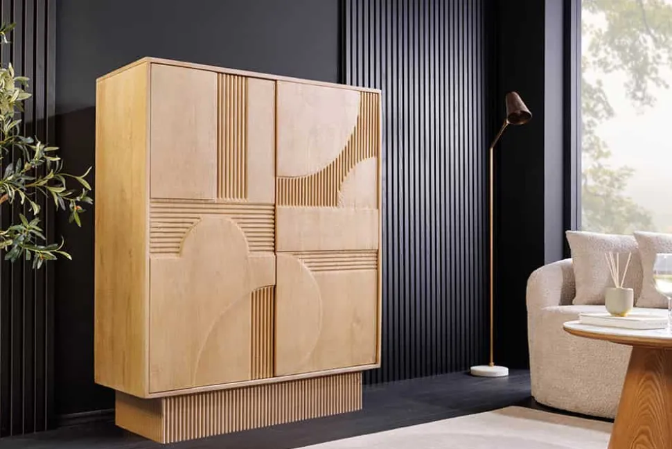 Design Highboard ART DECO 120cm weiß gekälkt Mangoholz massiv 3D Front