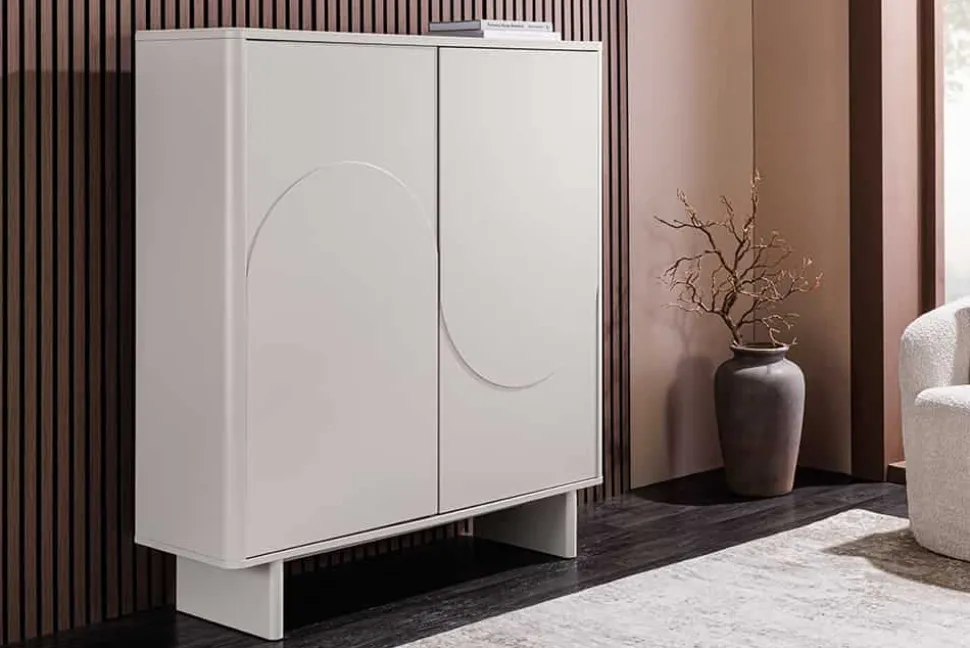Design Highboard SAVOY 130cm kaschmir weiß Marmor Keramik mit Stauraum und 3D-Front
