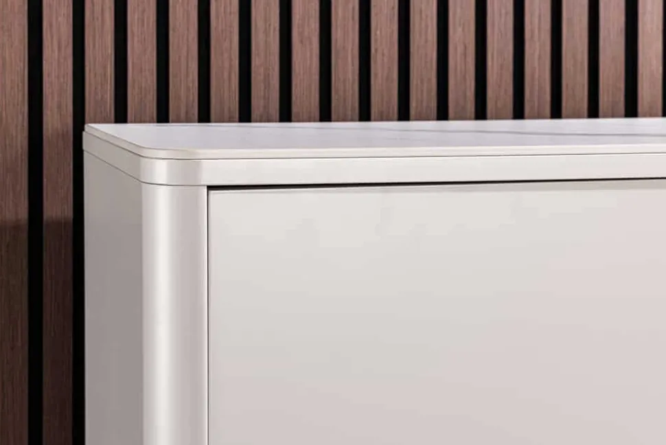 Design Highboard SAVOY 130cm kaschmir weiß Marmor Keramik mit Stauraum und 3D-Front