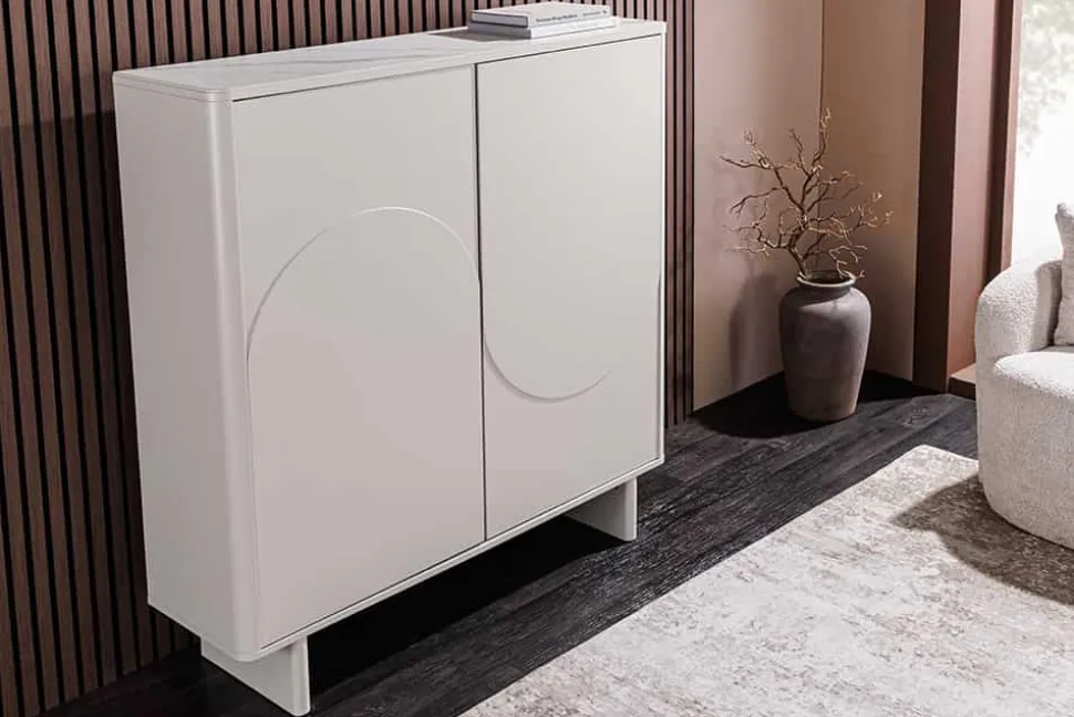 Design Highboard SAVOY 130cm kaschmir weiß Marmor Keramik mit Stauraum und 3D-Front