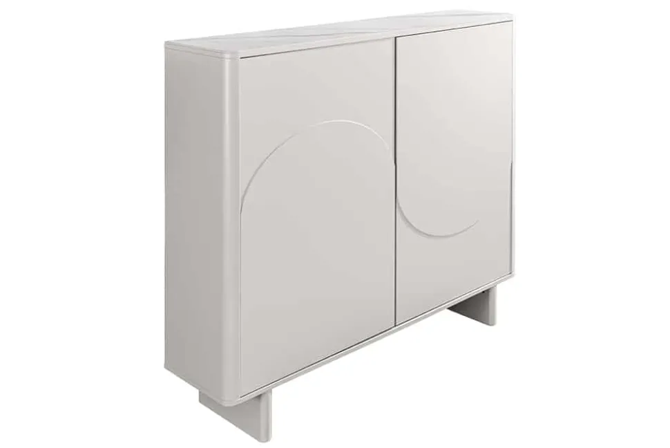 Design Highboard SAVOY 130cm kaschmir weiß Marmor Keramik mit Stauraum und 3D-Front