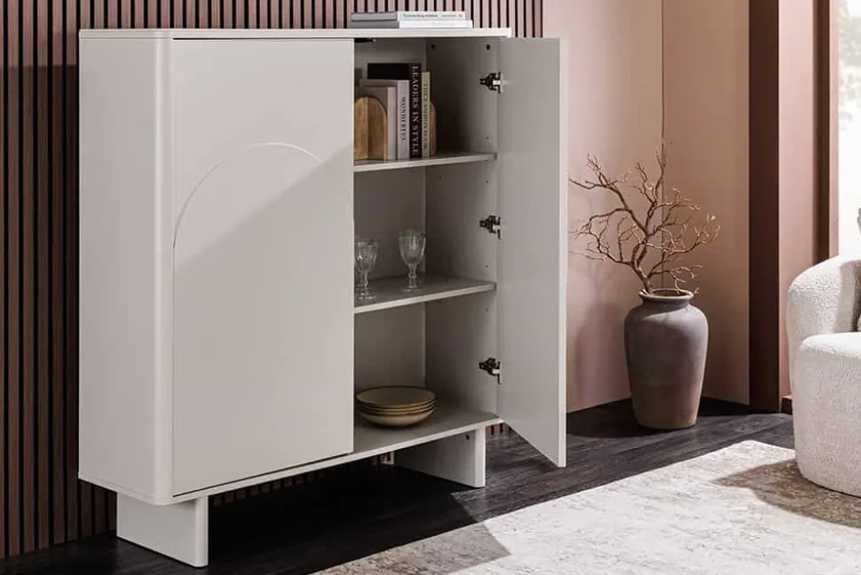Design Highboard SAVOY 130cm kaschmir weiß Marmor Keramik mit Stauraum und 3D-Front